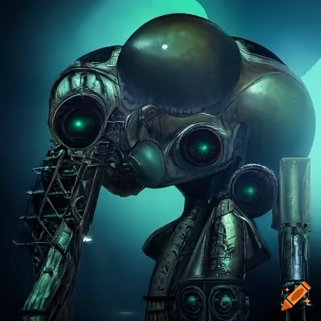 Surrealist aliens inside asymmetrical organic spaceship with strange machines and light boards
