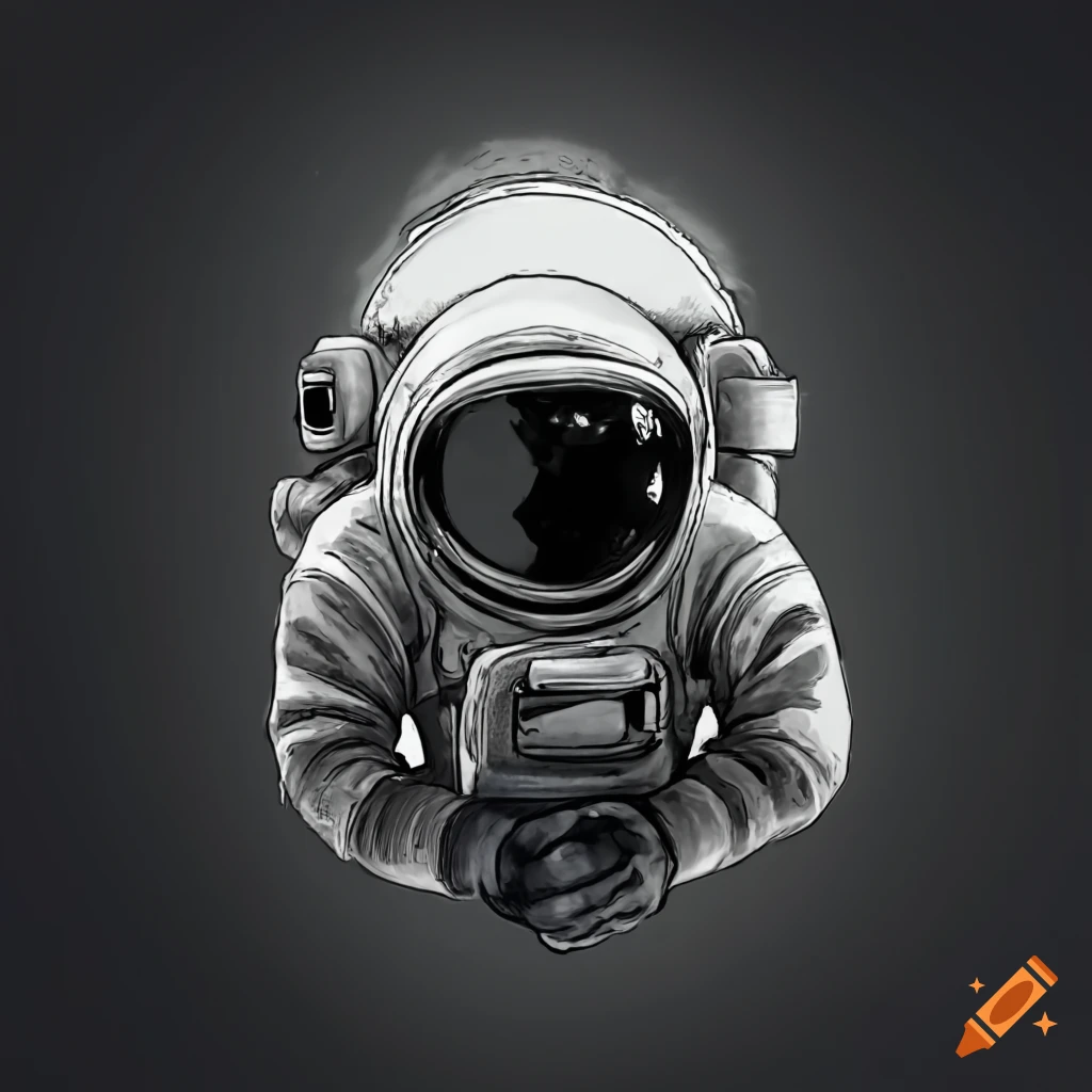 Astronaut floating in space with reflection of a black hole in visor, tattoo design
