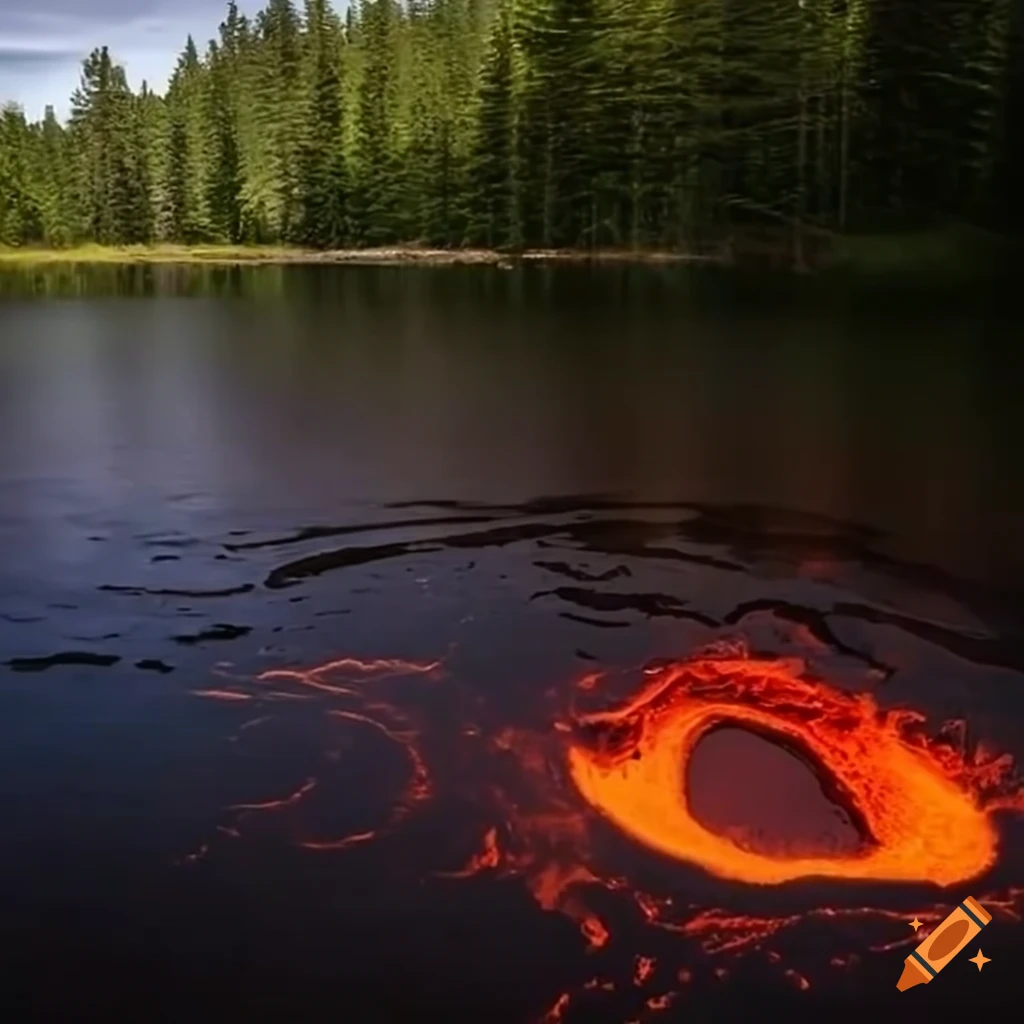 Lava creating steam clouds in a lake near a coniferous forest