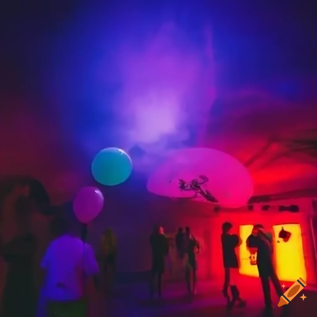 Party atmosphere with neon lights and balloons during a storm