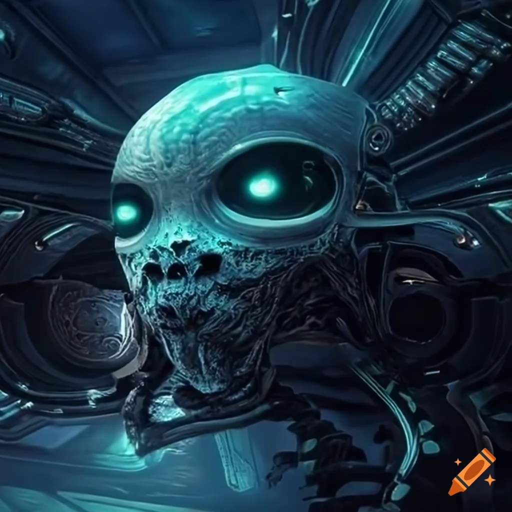 Surrealist aliens inside an asymetric organic spaceship with strange machines and light boards