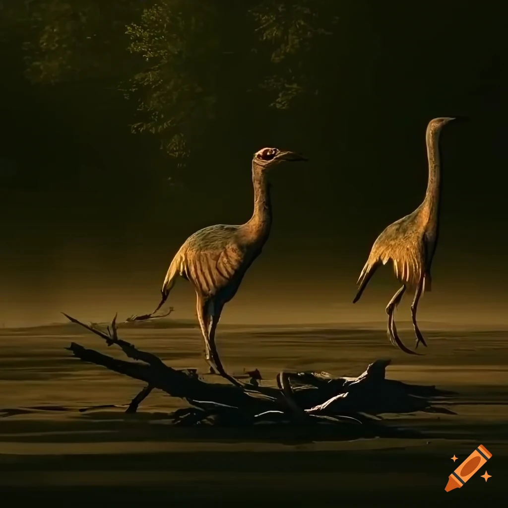 Feathered gallimimus dinosaurs with Houbara Bustard color pattern by a British Columbia lake