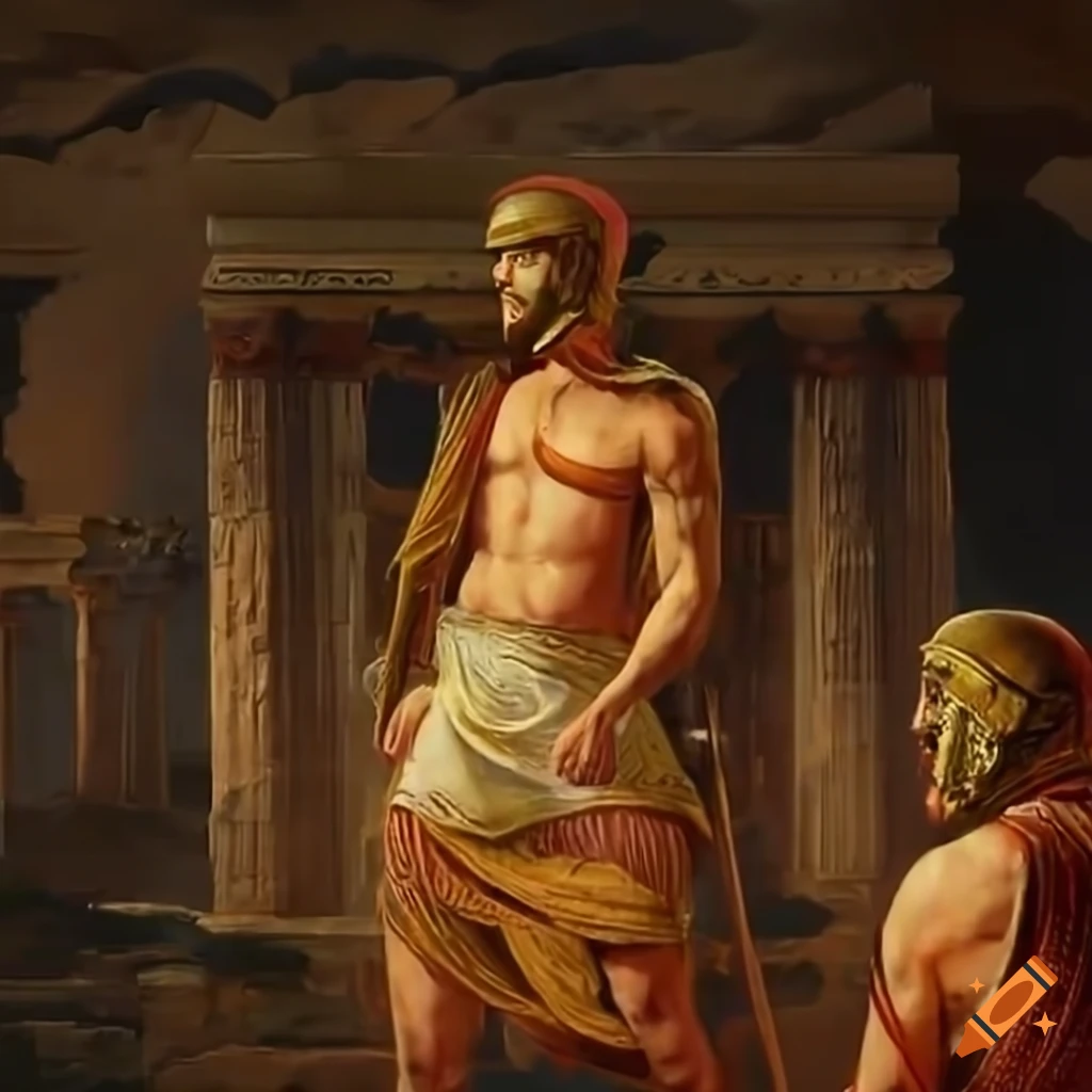 Ancient Greek soldier standing in front of a temple in a historic painting