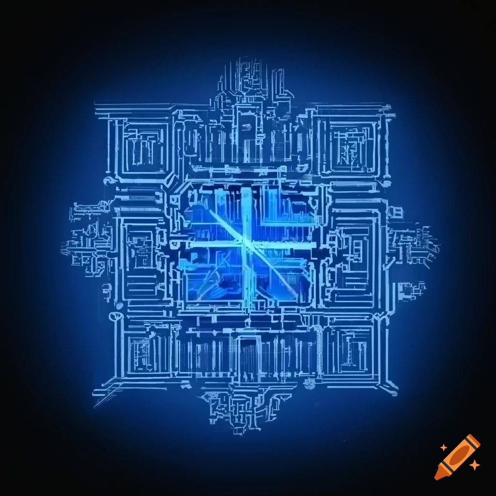 3D blue lightning circuit diagram of Borobudur Temple with an enlightenment icon