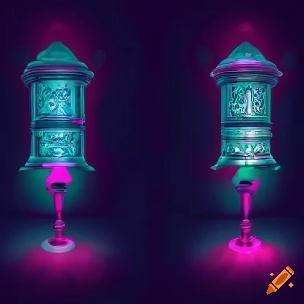 Futuristic prayer wheel on stick against rocky backdrop