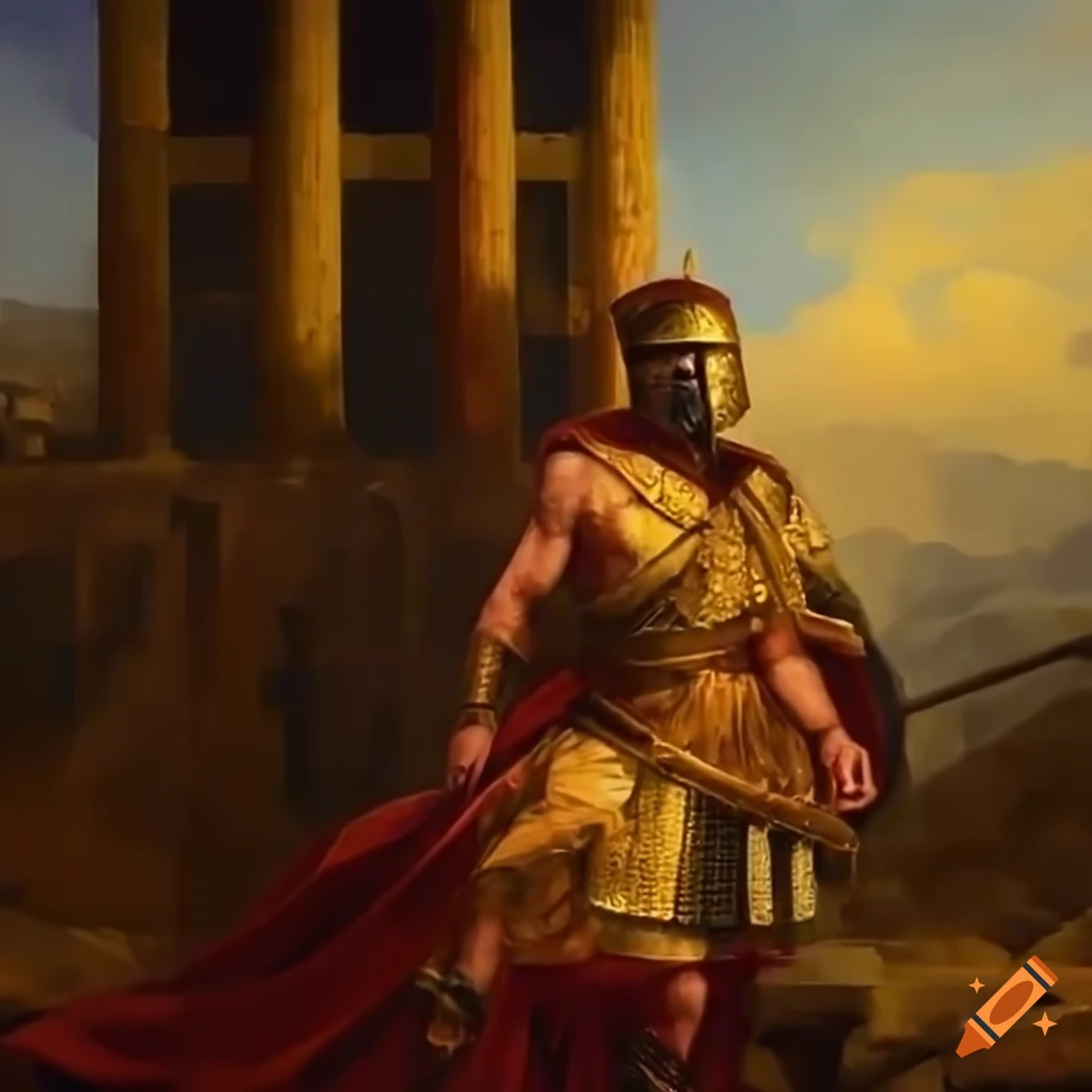 Ancient Roman soldier in front of a temple in a historic painting