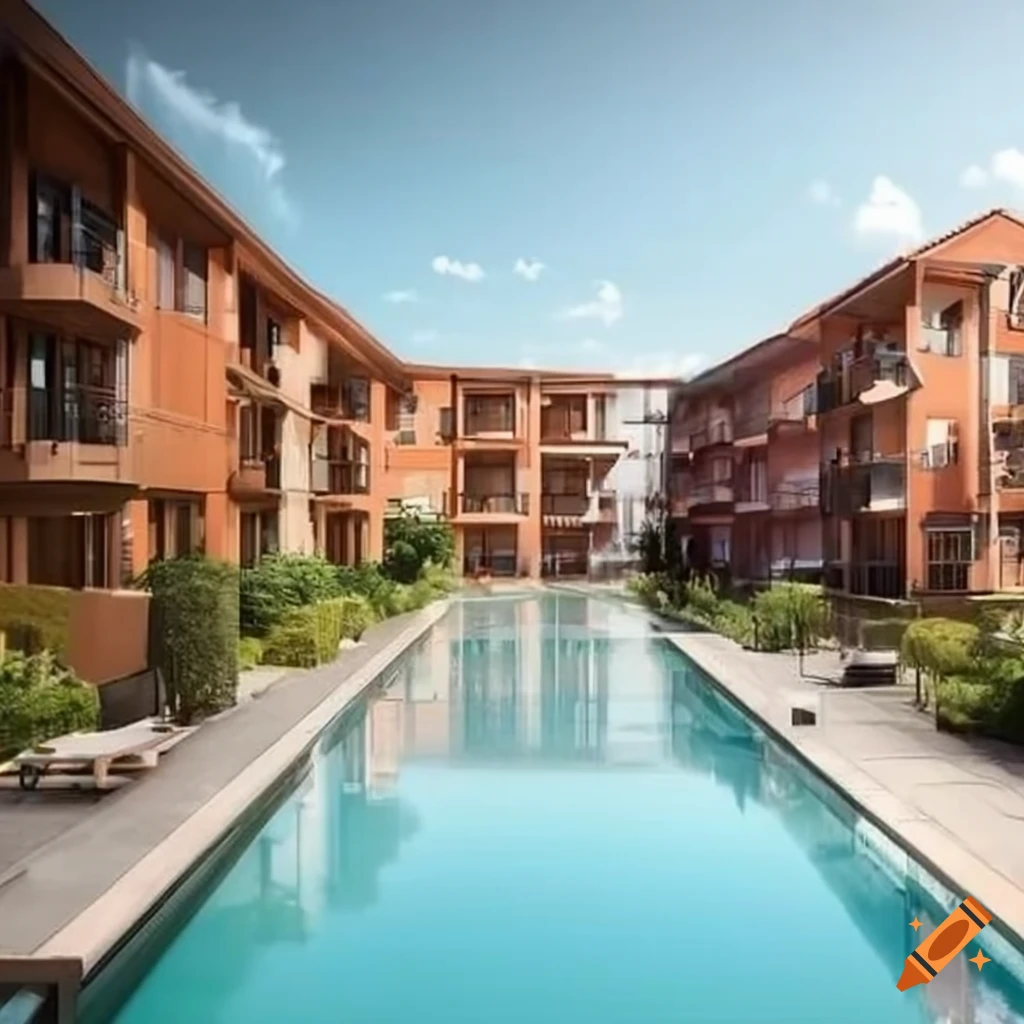 Luxury apartment neighborhood with pools in the yard