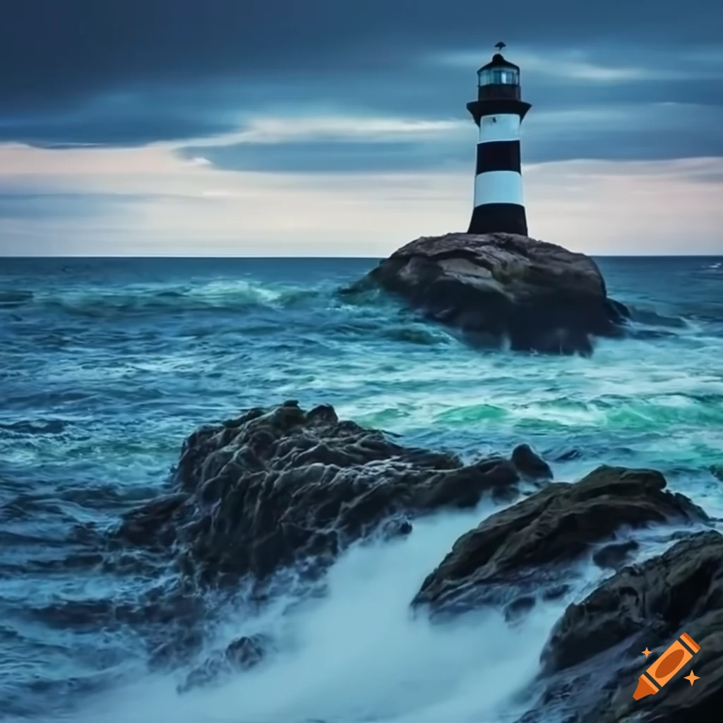 Rocky beach view of lighthouse in stormy sea