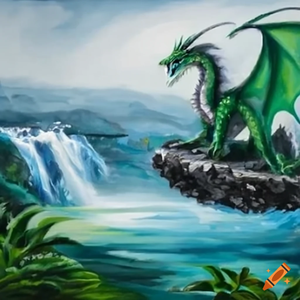 Green dragon on a floating island with waterfalls and lush greenery