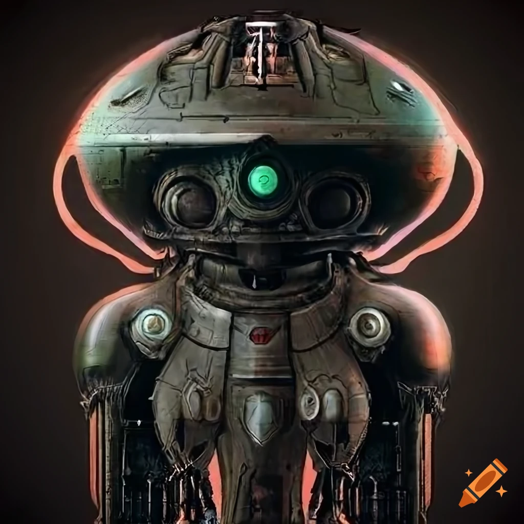 Surrealist aliens inside organic spaceship with strange machines and light boards