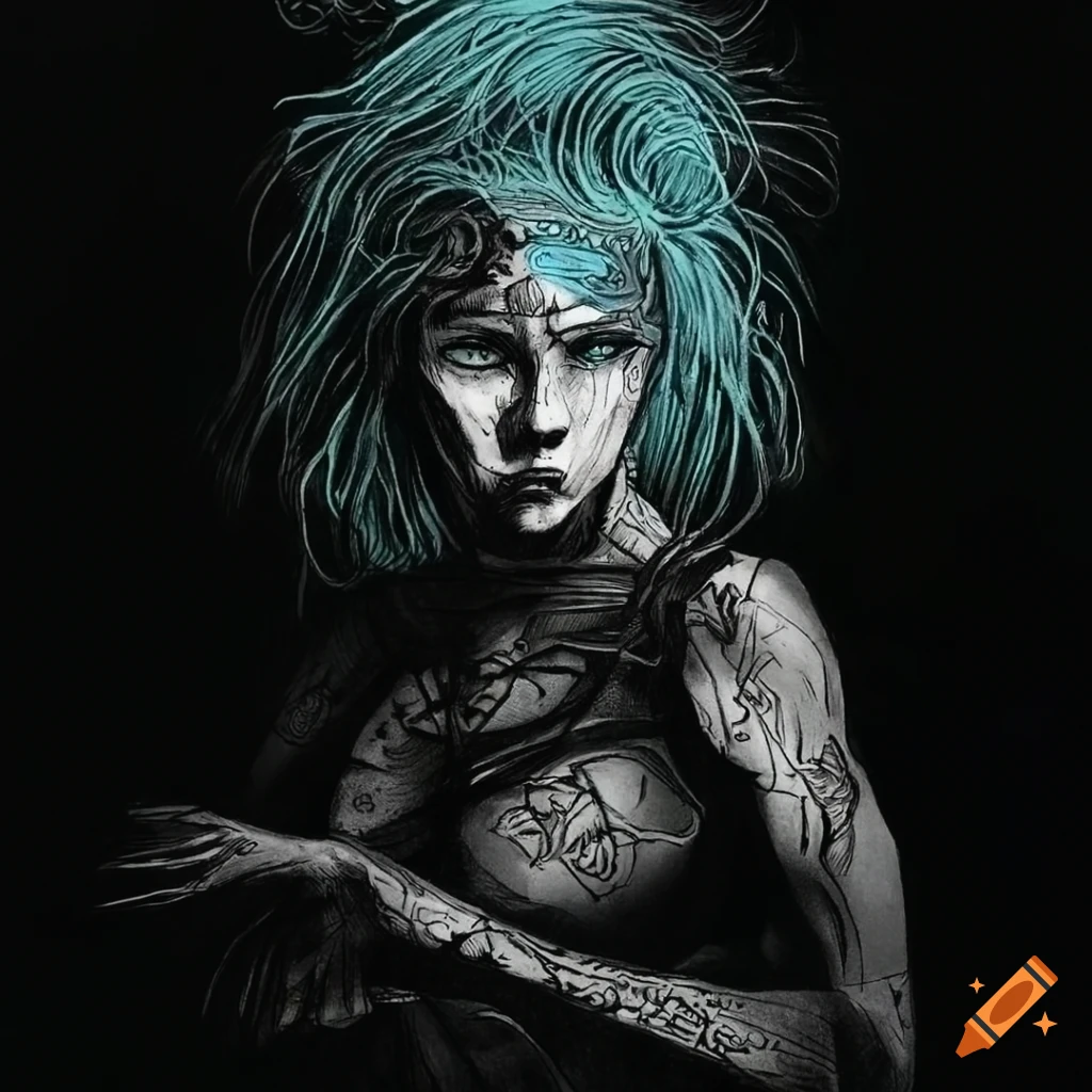 Sorceress Adel-inspired male cyborg with light cyan hair in detailed black ink