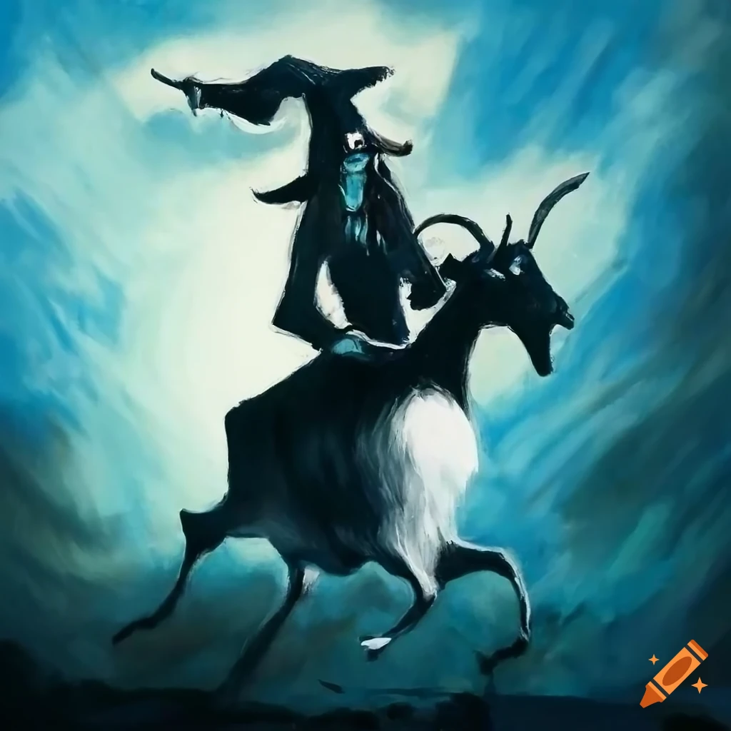 Silhouette of a witch riding a goat with big horns in hyper-detailed painting