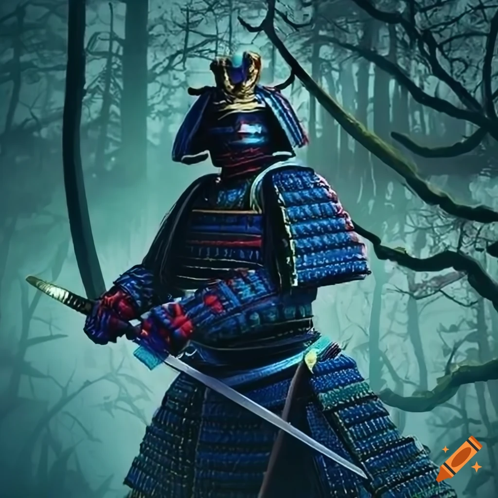 Wizard dueling a blue samurai in a misty forest