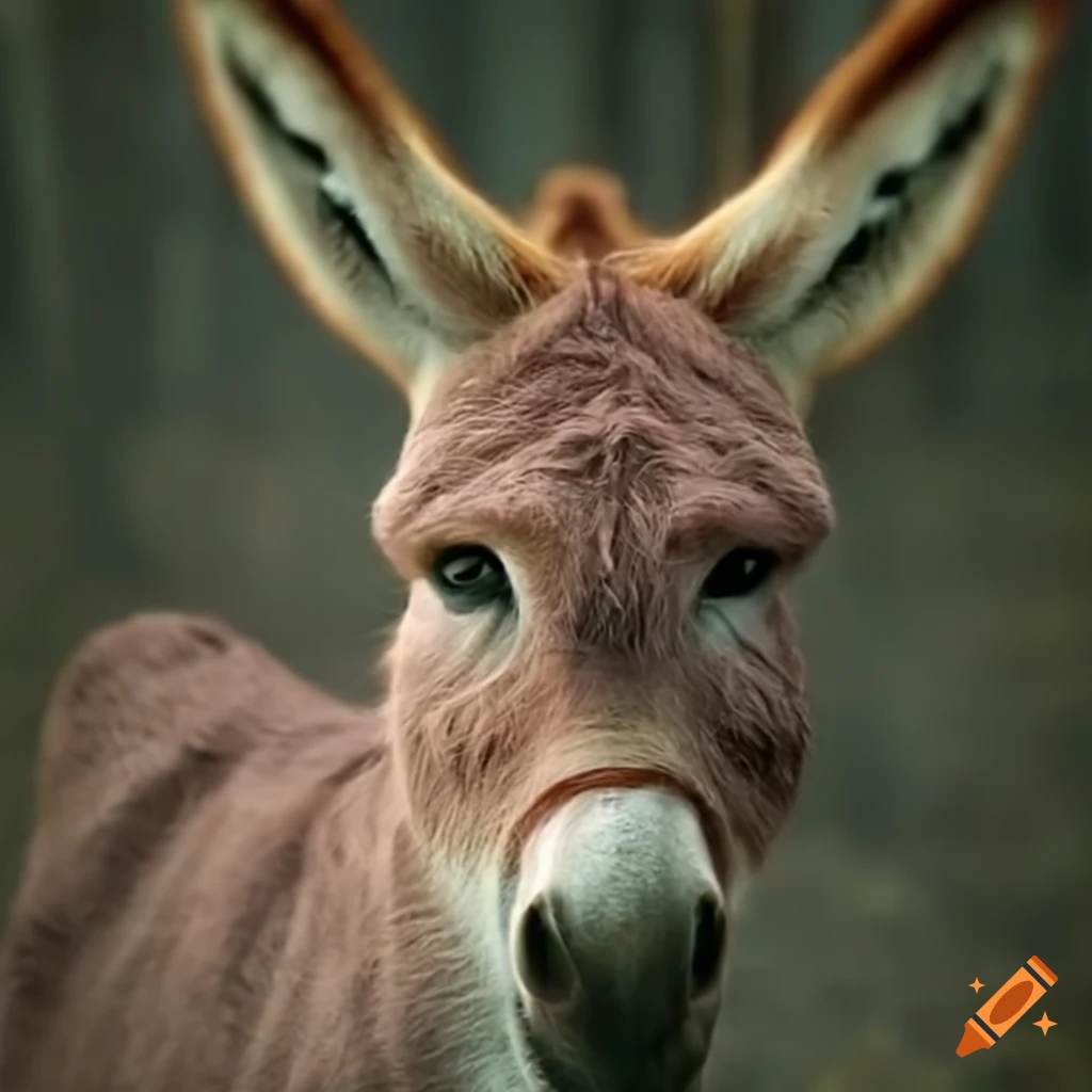 Actress undergoing surreal transformation into noble donkey in forest
