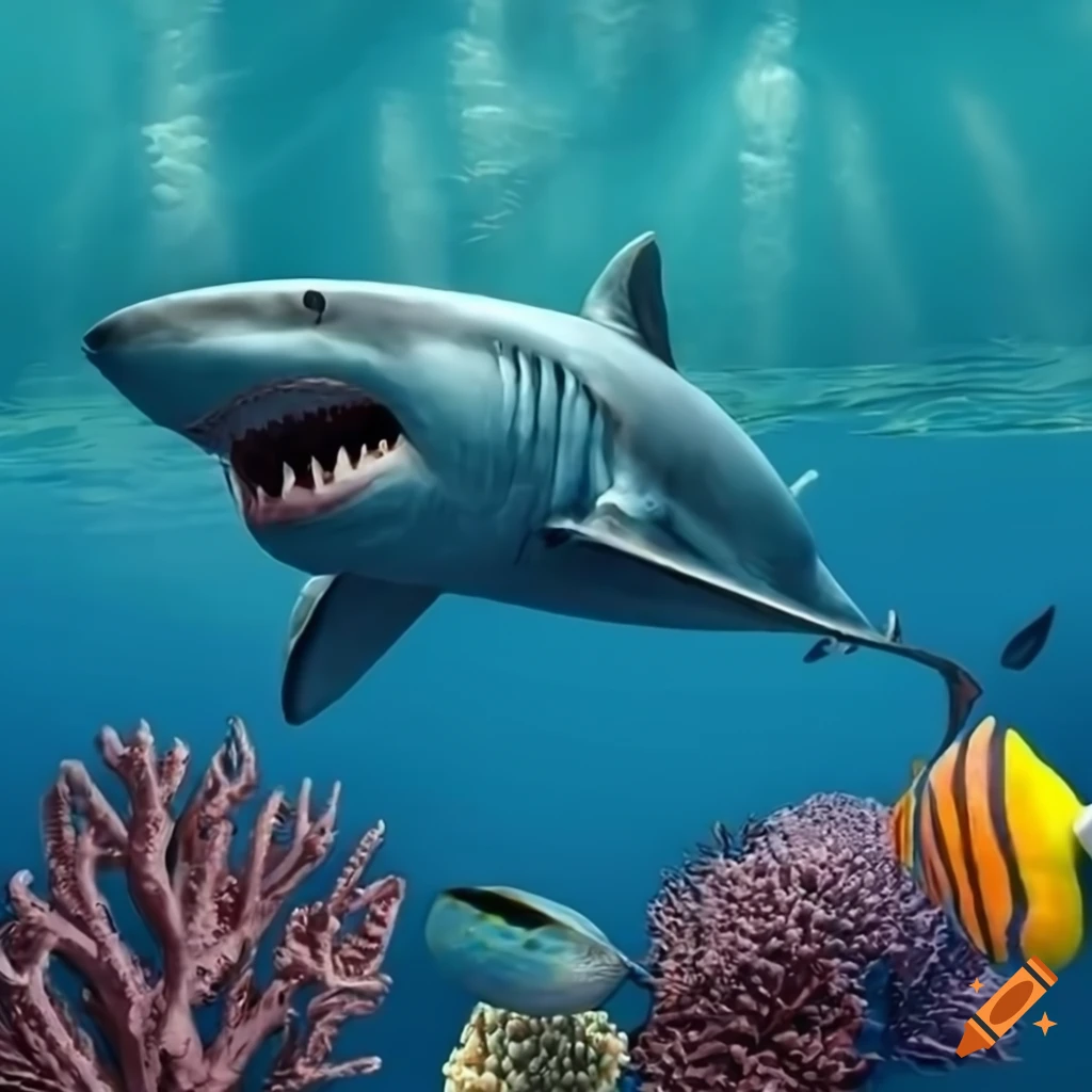 Deep blue ocean with tropical fish, coral, and a great white shark