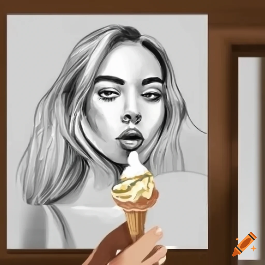 Blonde woman with soft serve ice cream in line drawing style