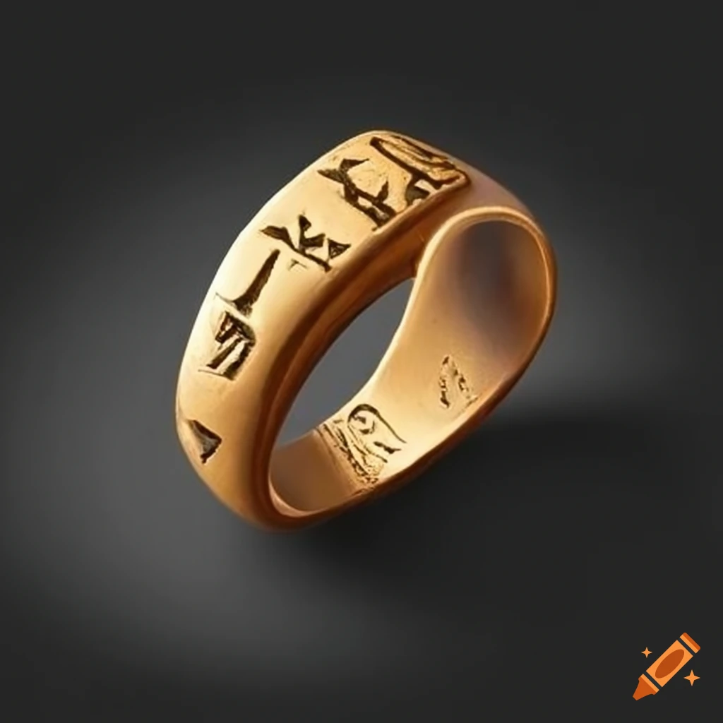 Egyptian ring with hieroglyph carvings on a woman's hand