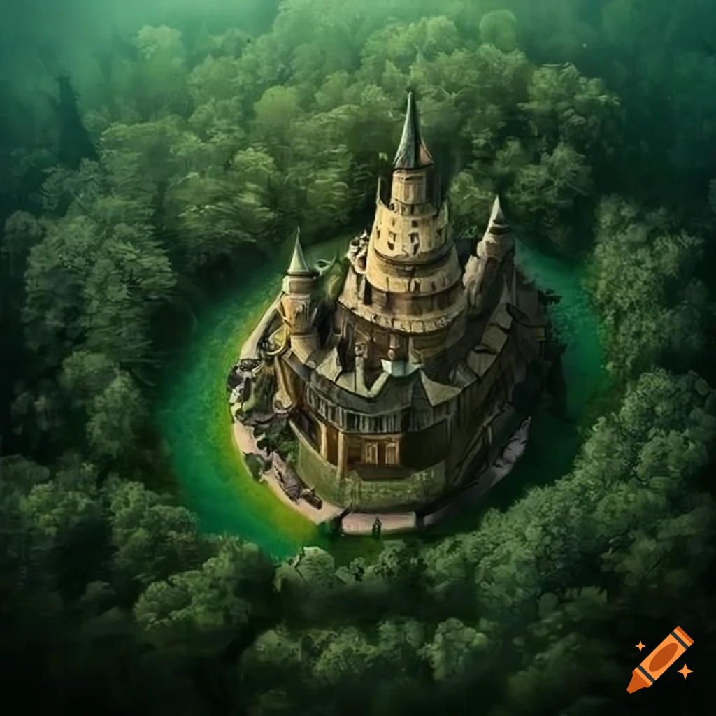 Aerial view of a castle in a forest in a fantasy setting