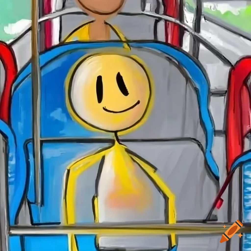Stick figure sitting on the back seat of a bus