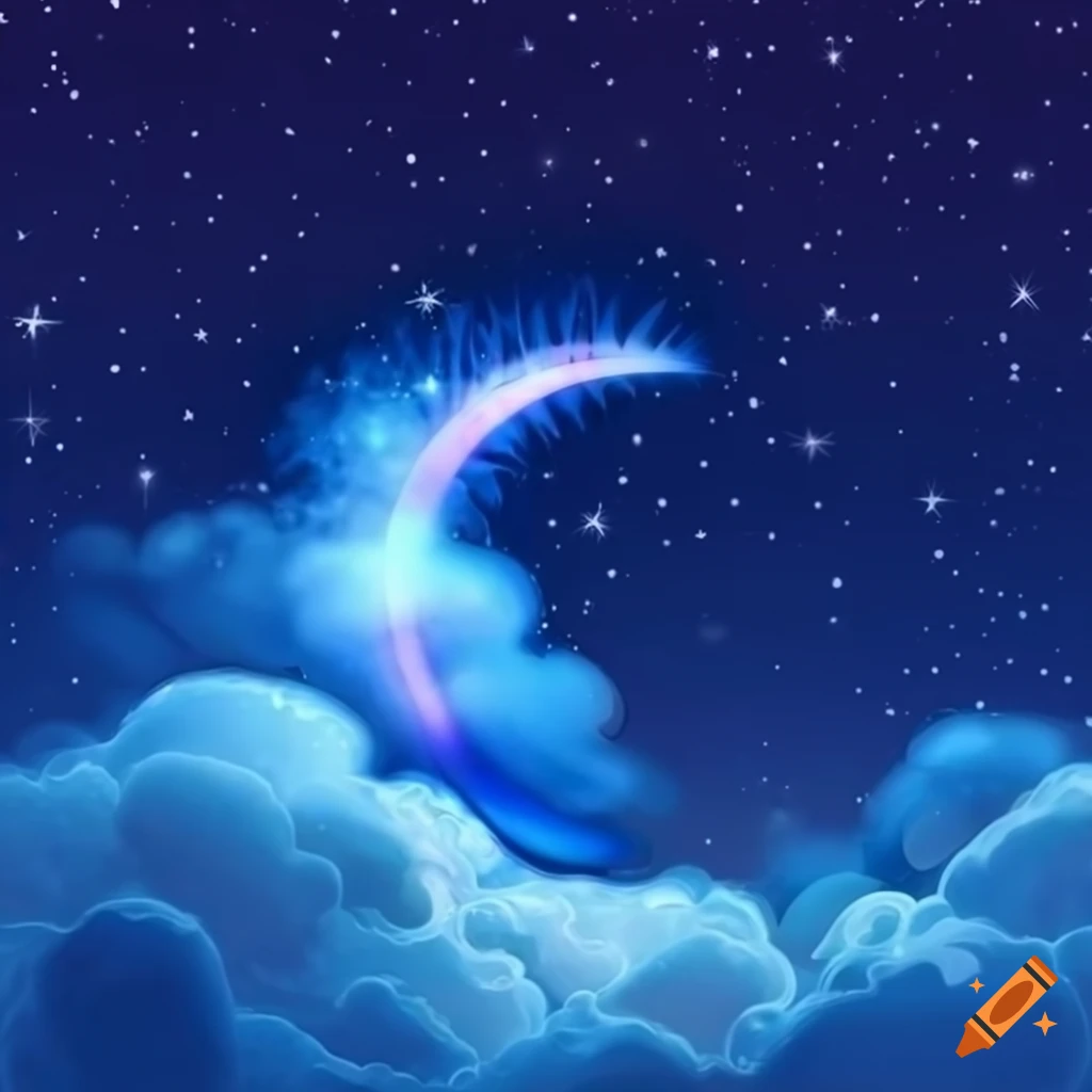 Night sky with clouds, moon, and stars in a dreamy setting