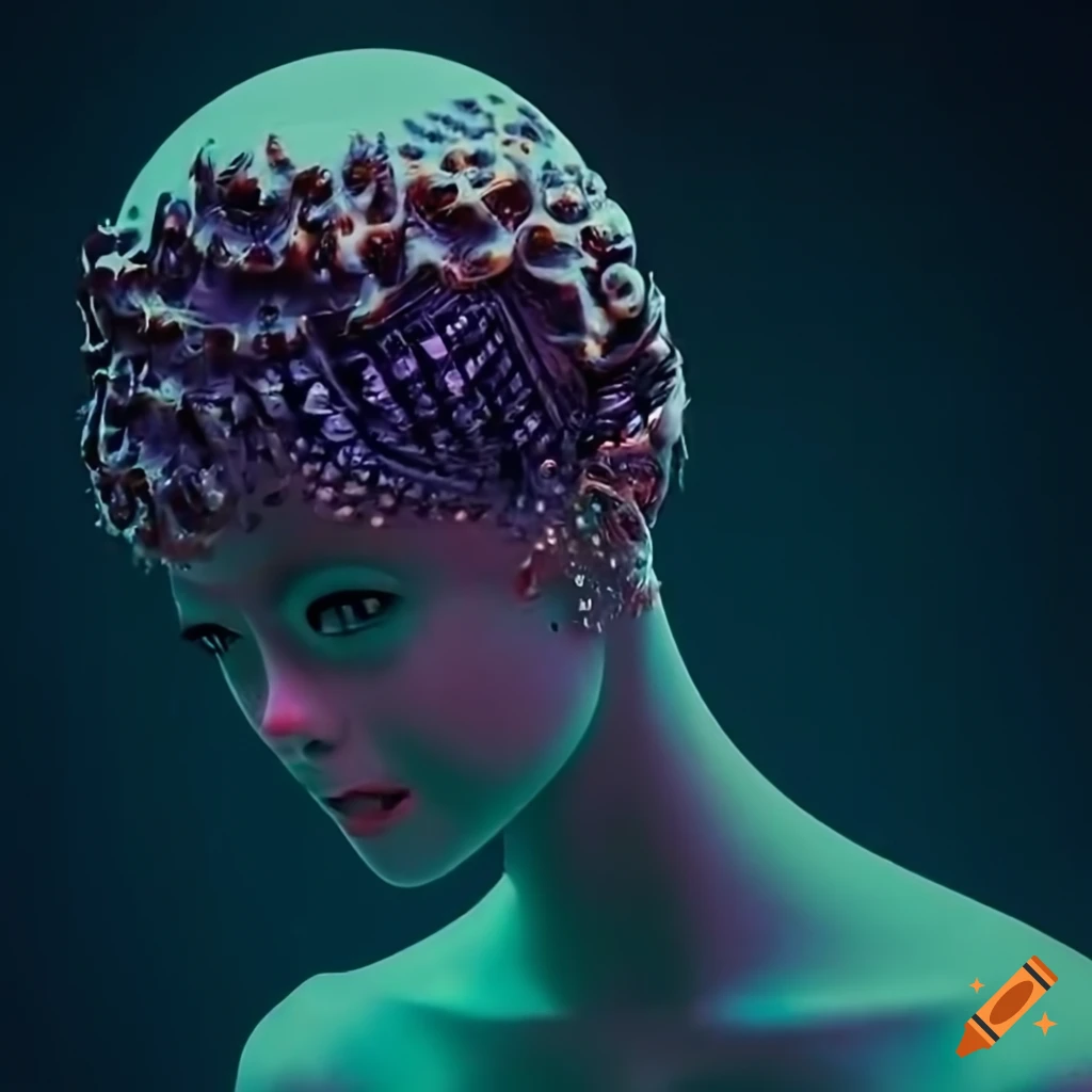 Surrealist aliens inside organic spaceship with strange machines and light boards