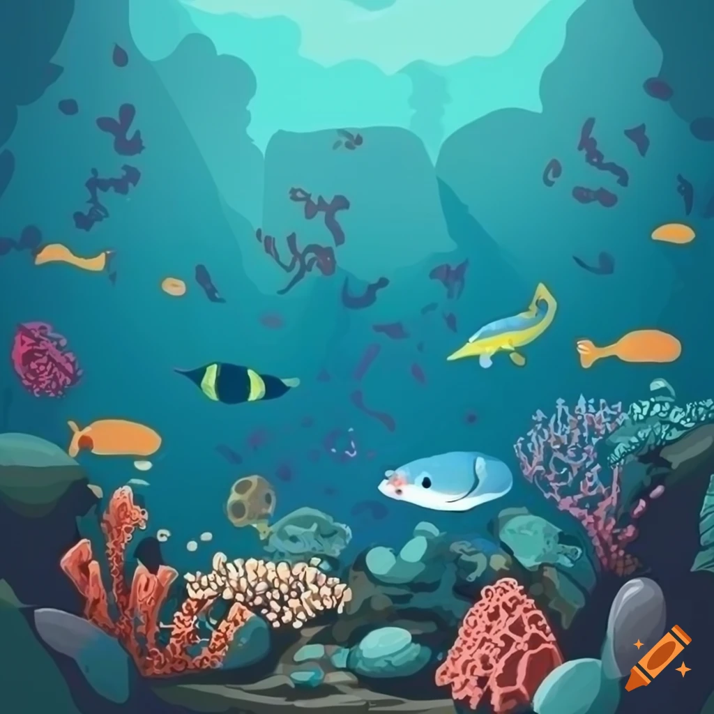 Underwater seafloor with water, sand, corals, and a moraine with spiky teeth