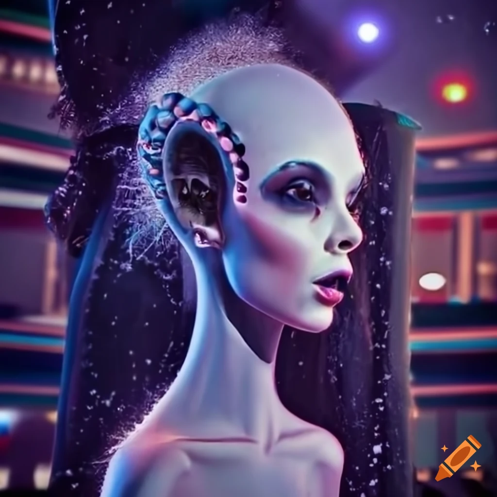 Surrealist aliens inside an organic spaceship with vintage 1960s Christmas show vibes