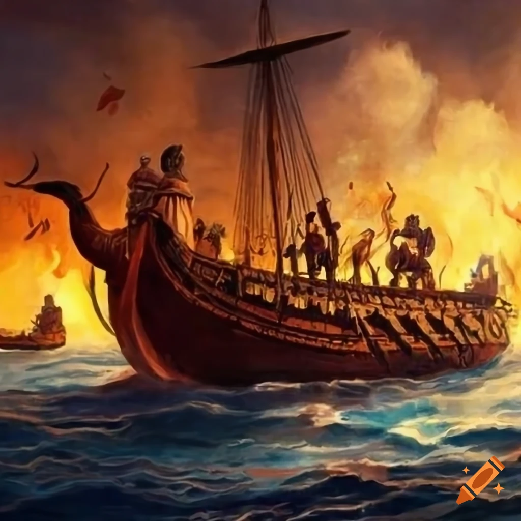 Byzantine dromon crew using Greek fire on enemy ship