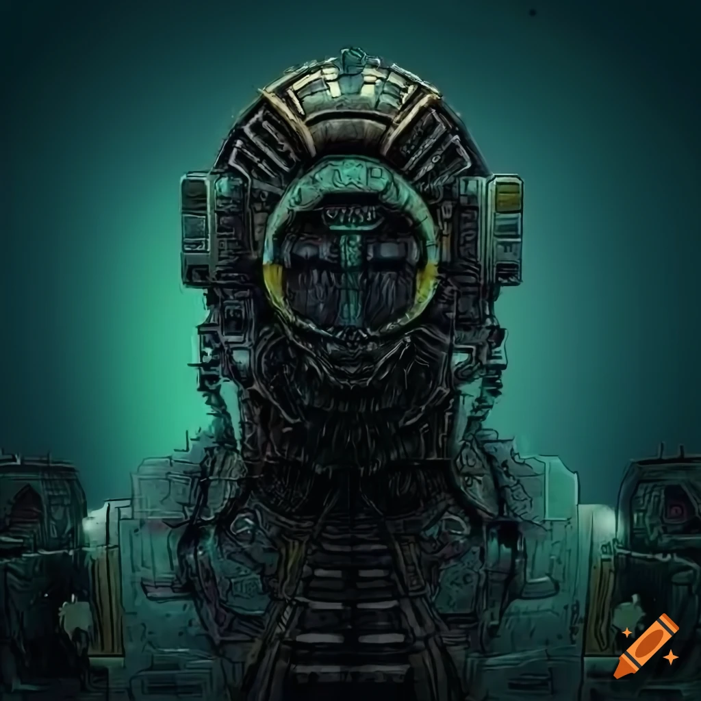 Surrealist aliens inside an asymmetrical organic spaceship with strange machines and light boards