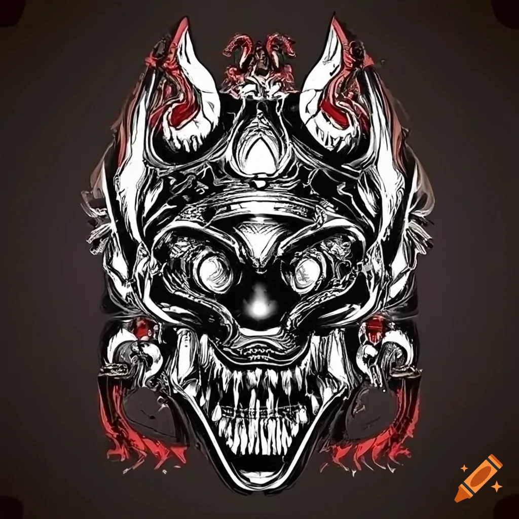 Motorcycle decal with devil motif and V-twin engine insignia