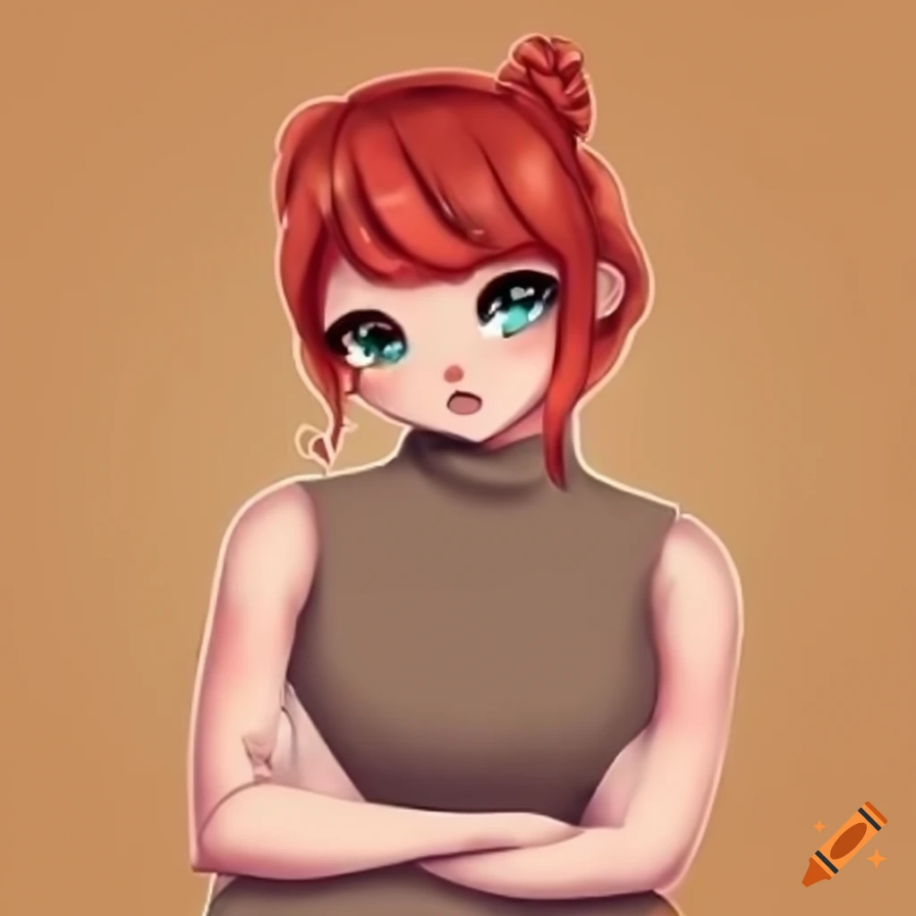 Chubby anthropomorphic duck girl with red hair and green eyes