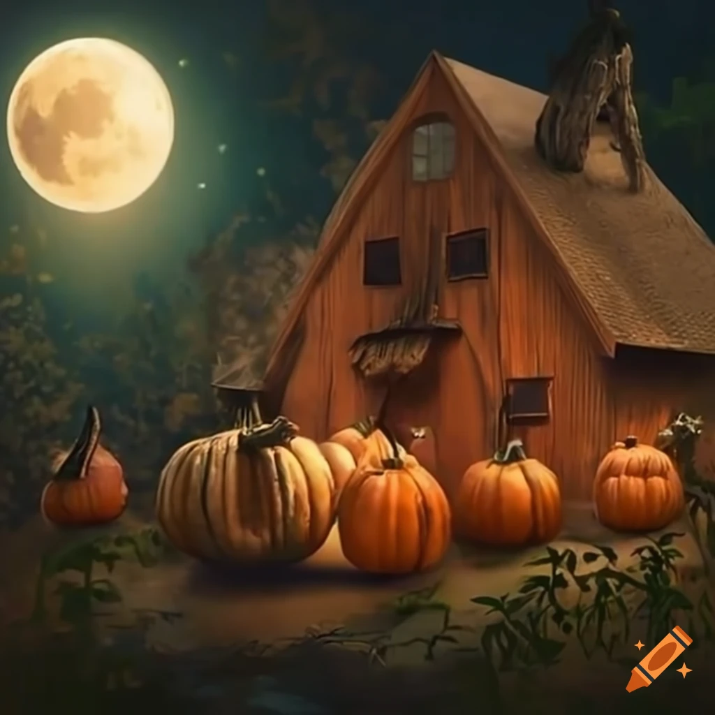 Hyperrealistic pumpkin patch with trees under a harvest moon