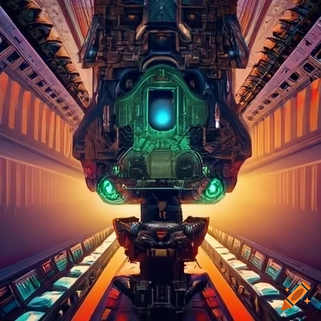 Surrealist aliens inside an organic spaceship with strange machines and light boards