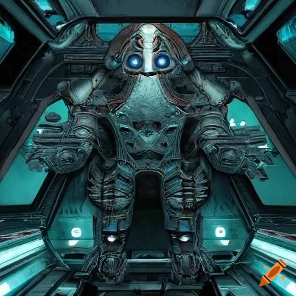 Surrealist aliens inside an organic spaceship with strange machines and light boards