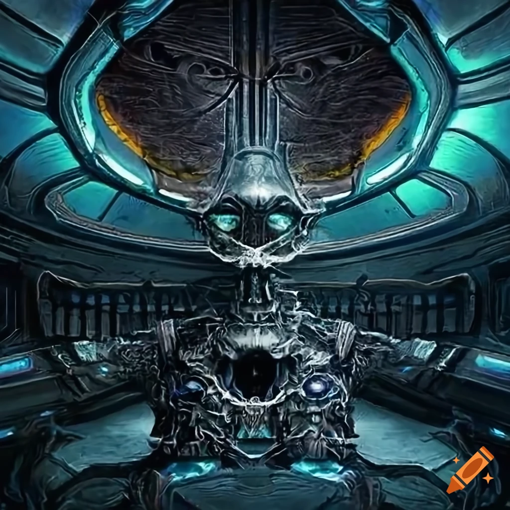 Surrealist alien visit inside asymmetrical organic spaceship with strange machines and light boards