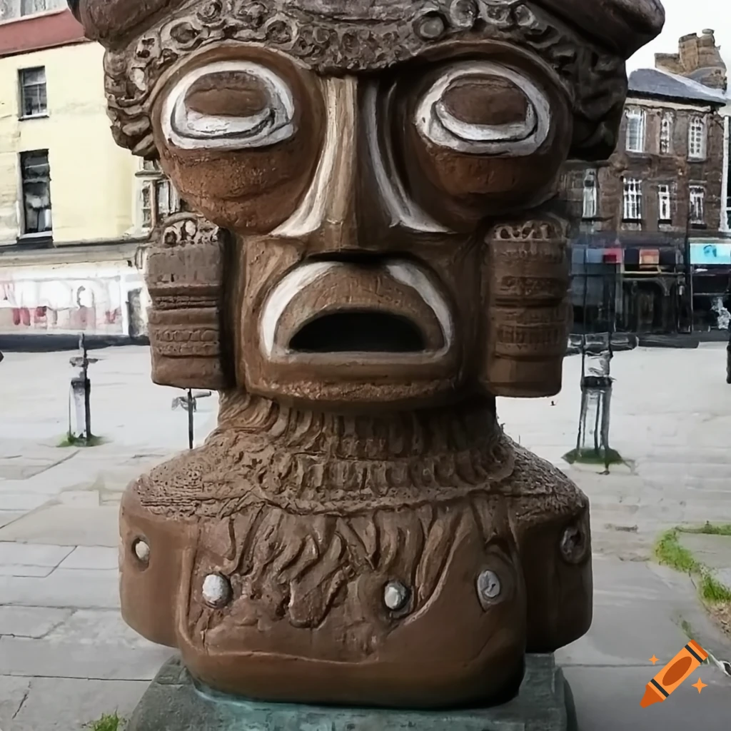 Artistic fusion of Frank Sidebottom's face on the Coatlicue statue