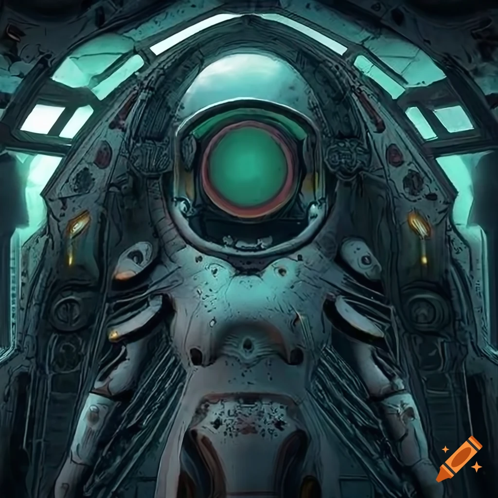 Surrealist aliens exploring an asymmetrical organic spaceship with strange machines and light boards