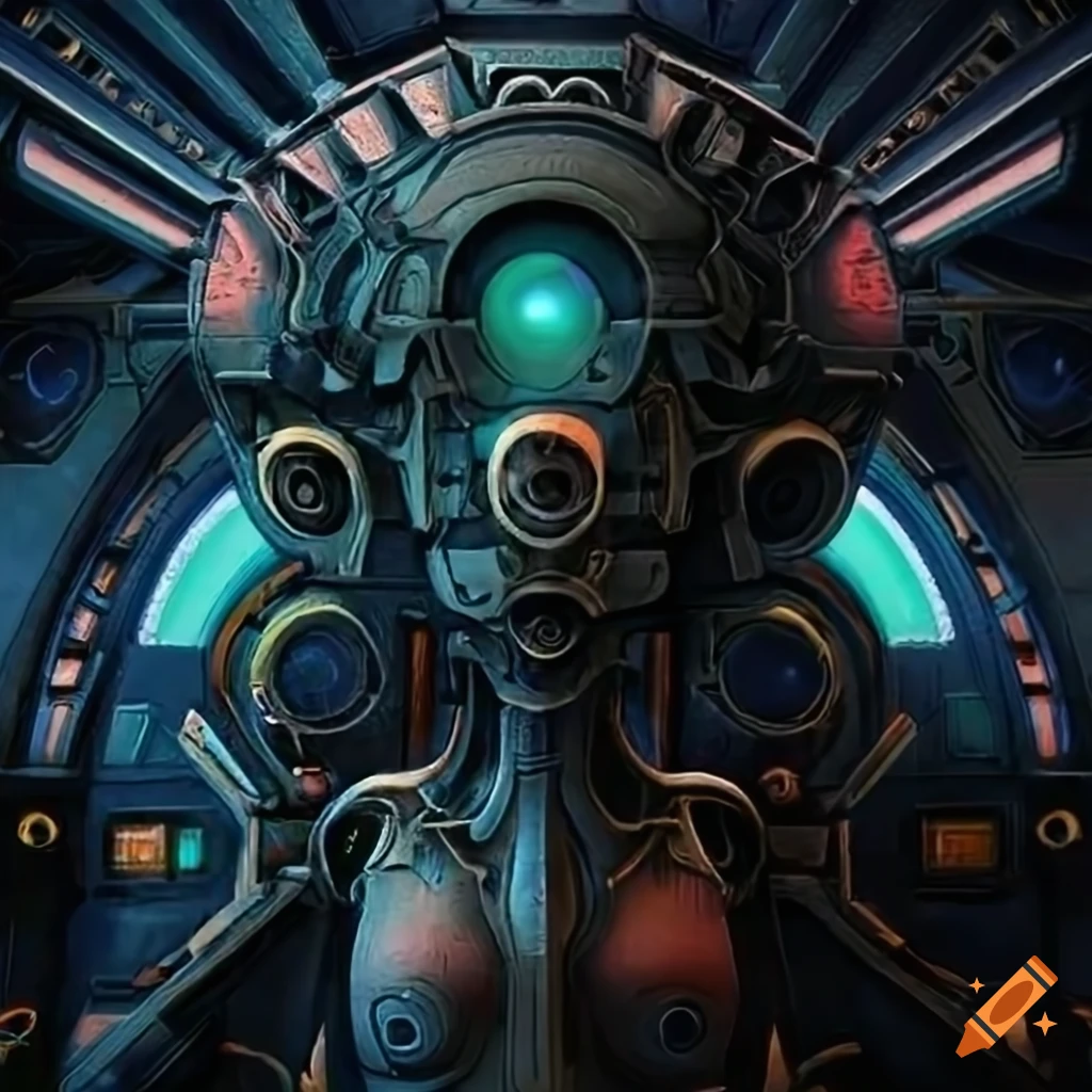 Surrealist aliens exploring an asymmetrical organic spaceship with strange machines and light boards