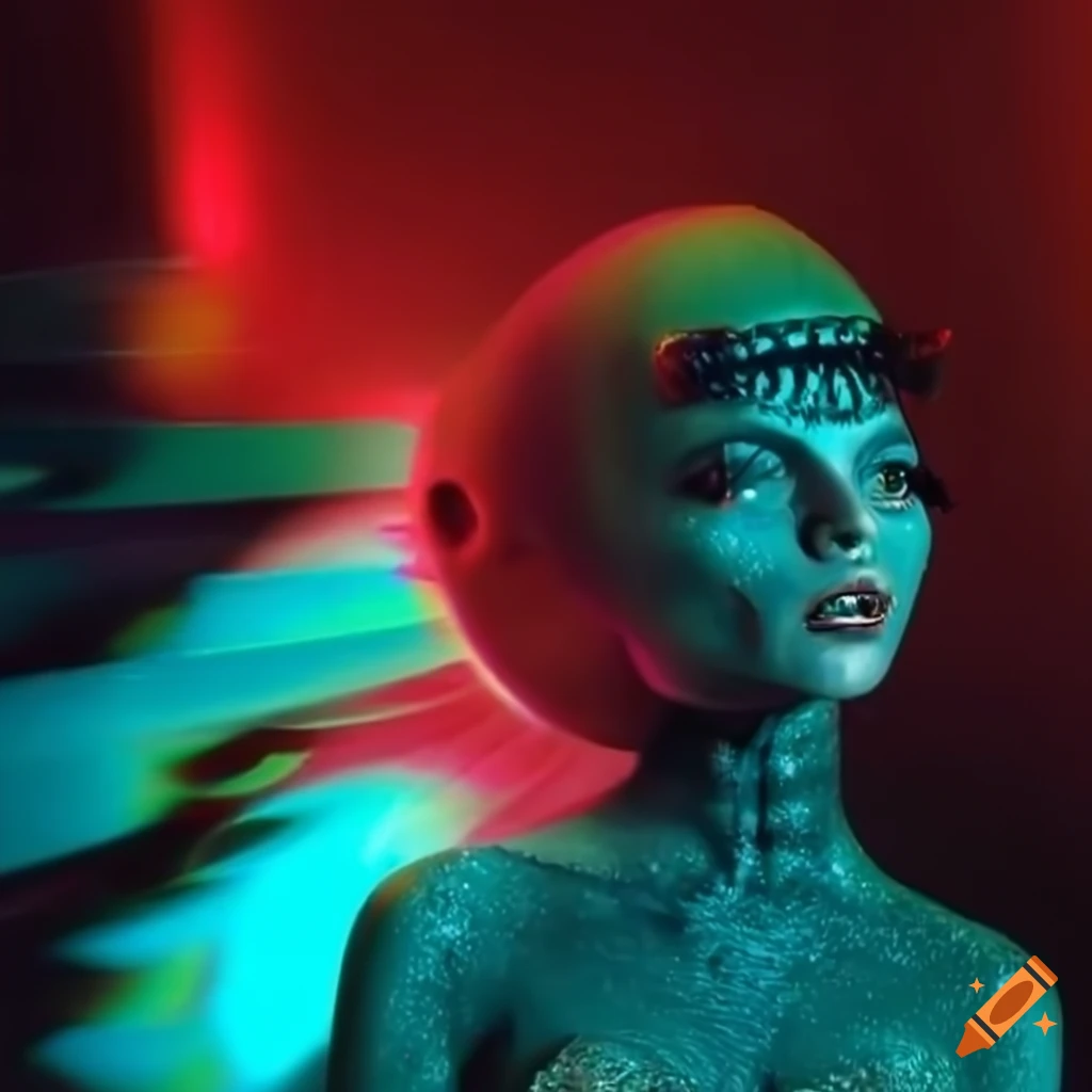 Surrealist aliens inside organic spaceship with vintage Christmas show featuring The Fabulettes band