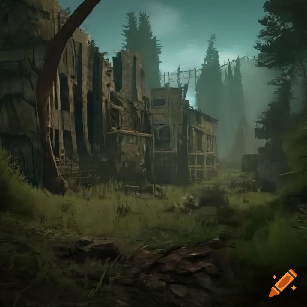 Rust game style post-apocalyptic landscape with abandoned structures and rugged terrain