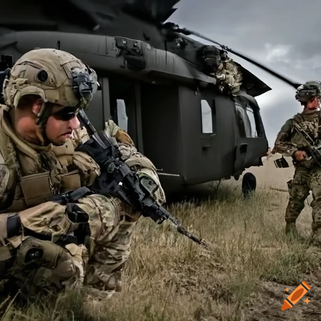 Military scene of 7th Cavalry Regiment squad exiting a Blackhawk helicopter