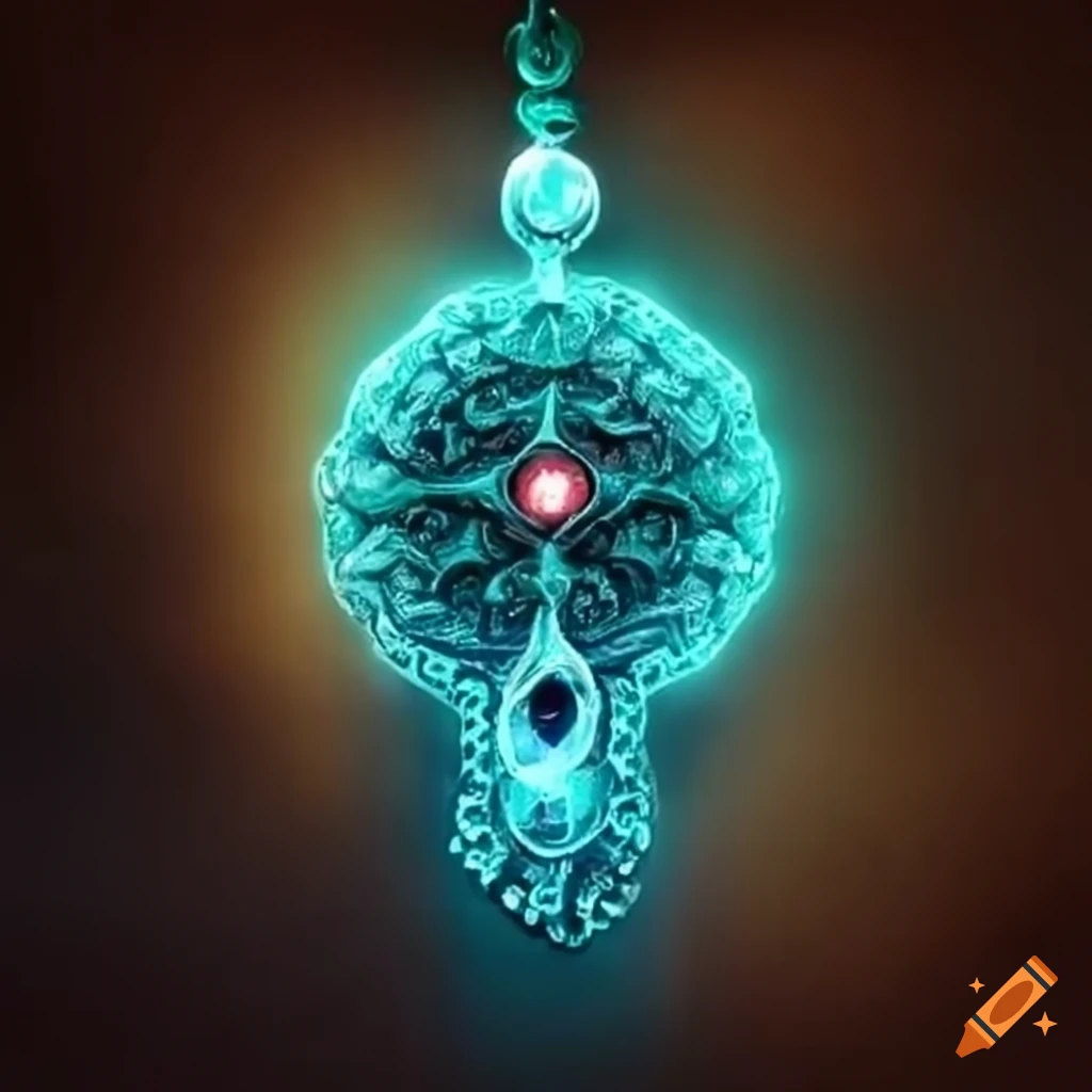 Intricately designed ornamental amulet of khoren with glowing crystals