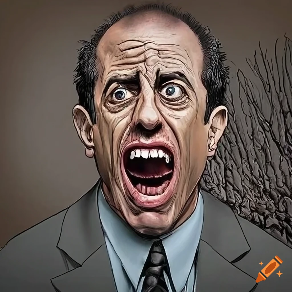Surreal comic art of Jerry Seinfeld surrounded by bizarre creatures