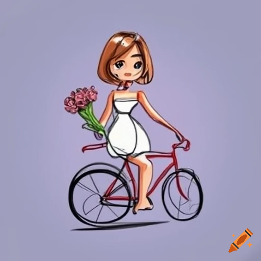 Cartoon girl in wedding dress riding a bike with bouquet