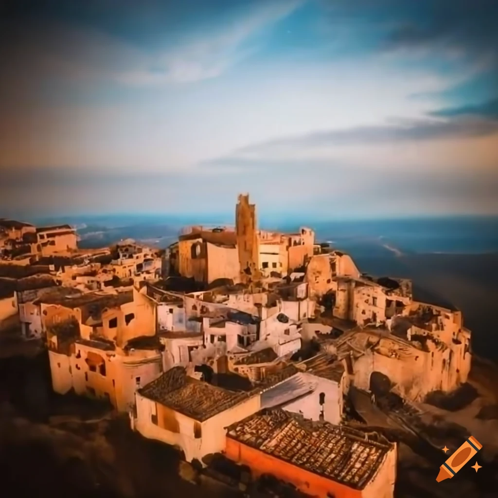 Aerial view of abandoned Spanish town with orange palette