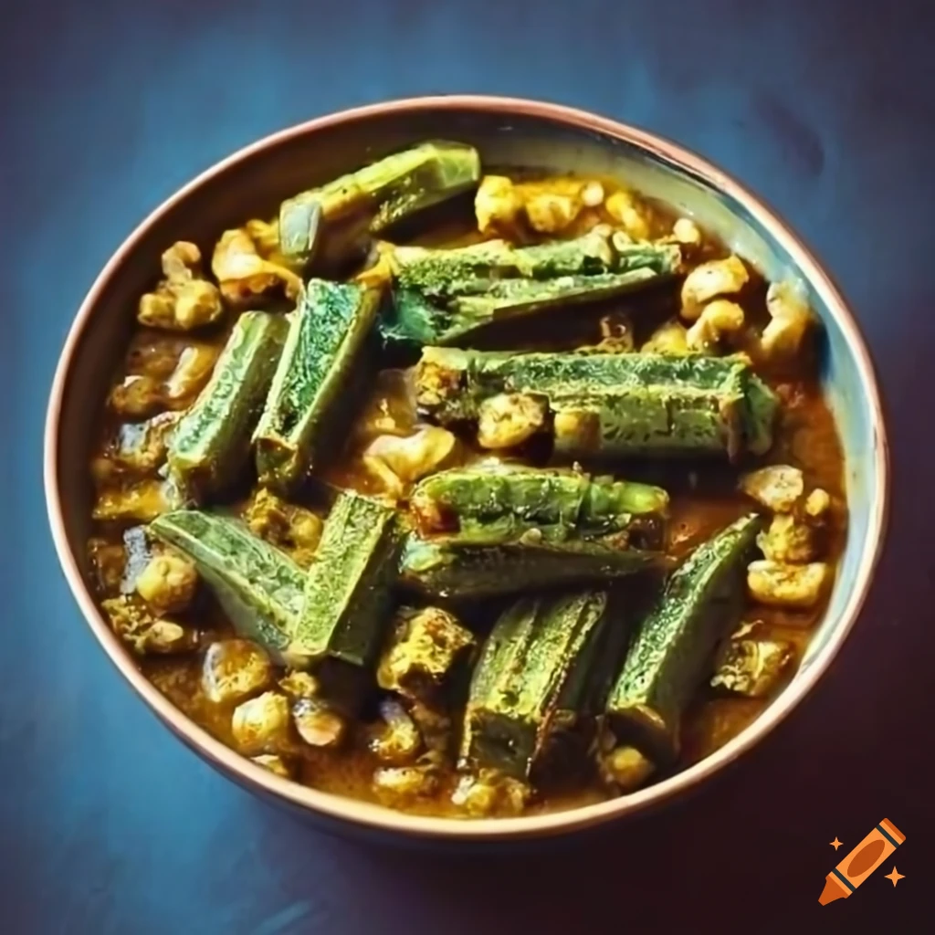 Indian style bowl with cooked and chopped okra masala dry vegetable topped with green coriander