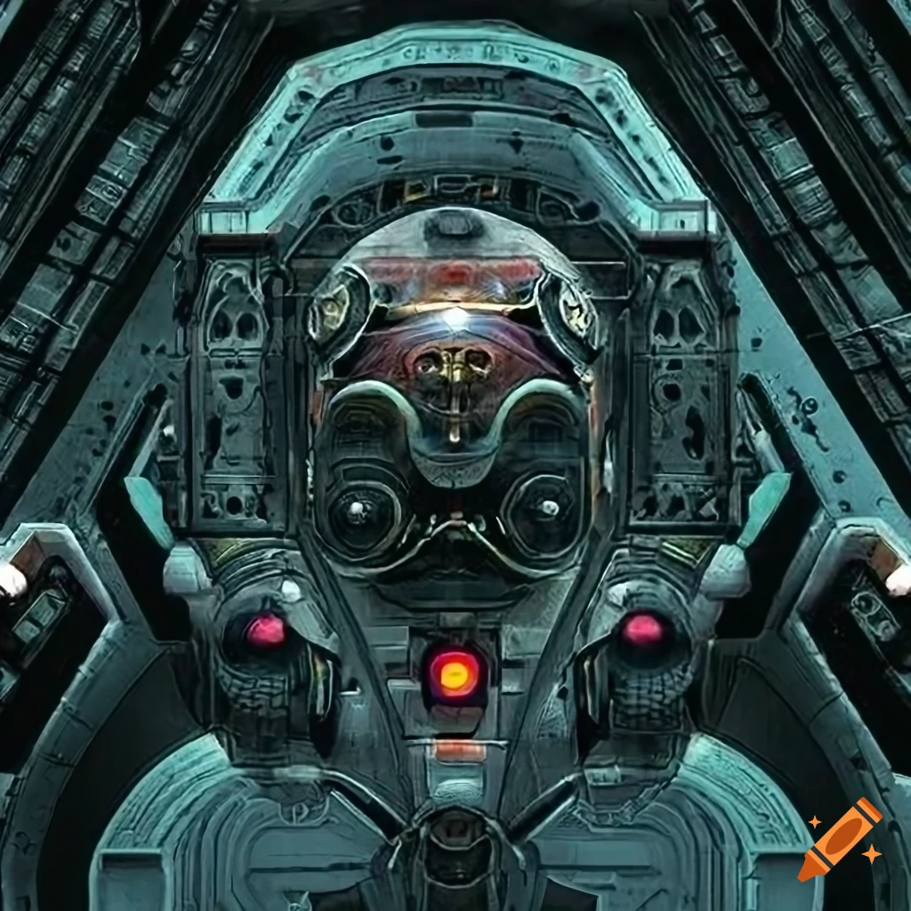 Surrealist aliens inside an asymmetric organic spaceship with strange machines and light boards