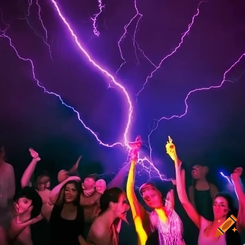Disco party during a lightning storm with neon lights and dancing people