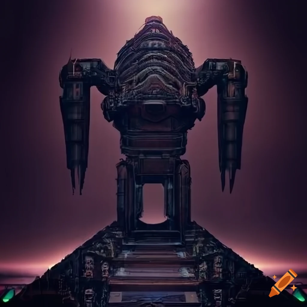 Surrealist aliens inside organic spaceship with strange machines and light boards