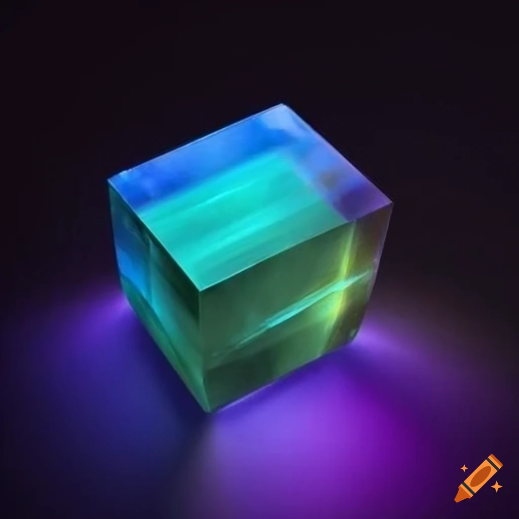 Iridescent blue-green cubif crystal with glowing blue fluorescence
